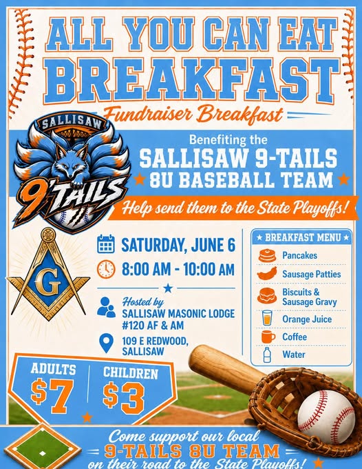 All You Can Eat Breakfast Fundraiser for Sallisaw 9-TAILS Baseball Team